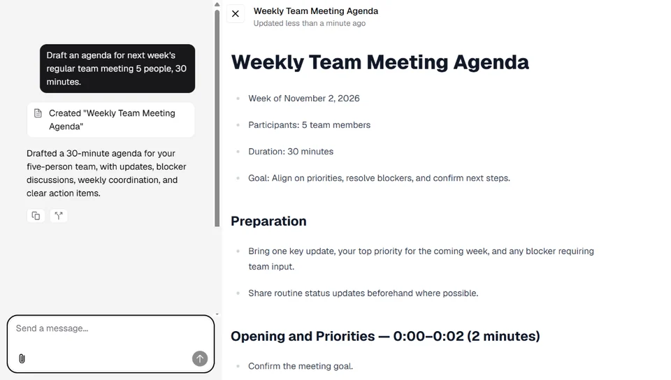 The My AI screen. Asking for a draft meeting agenda in the chat on the left creates it as a document on the right.