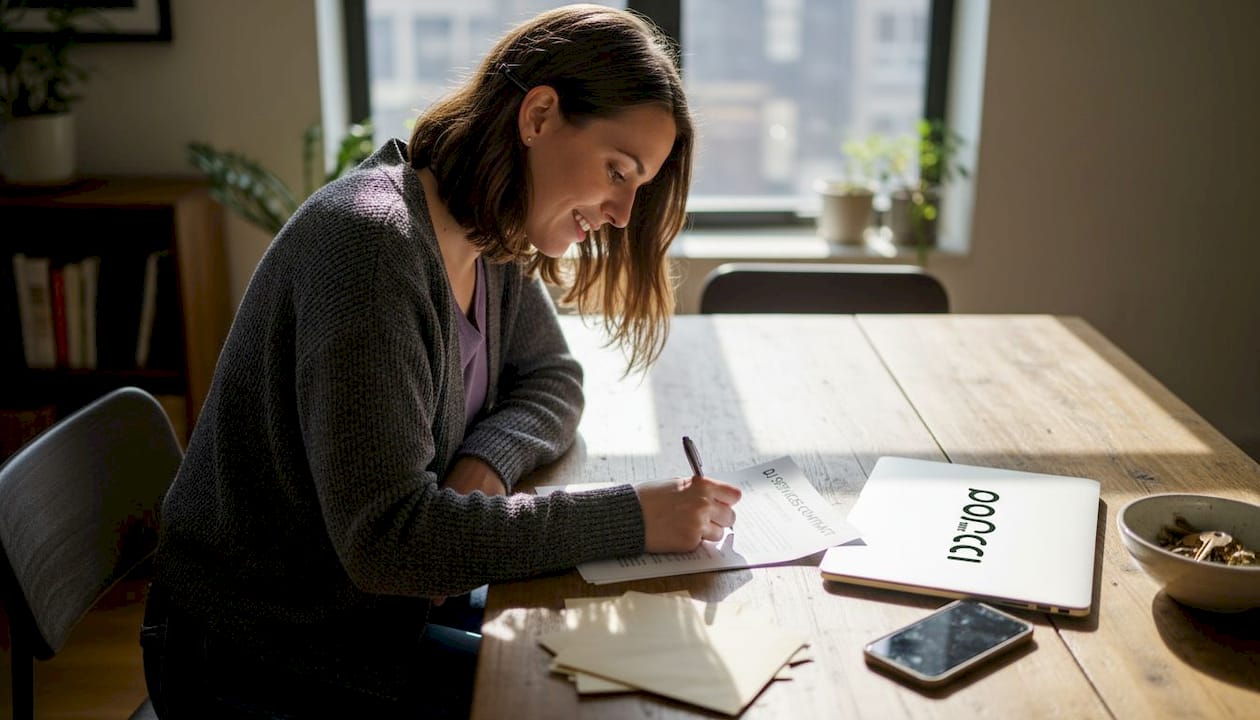 Client signing DJ service contract at table