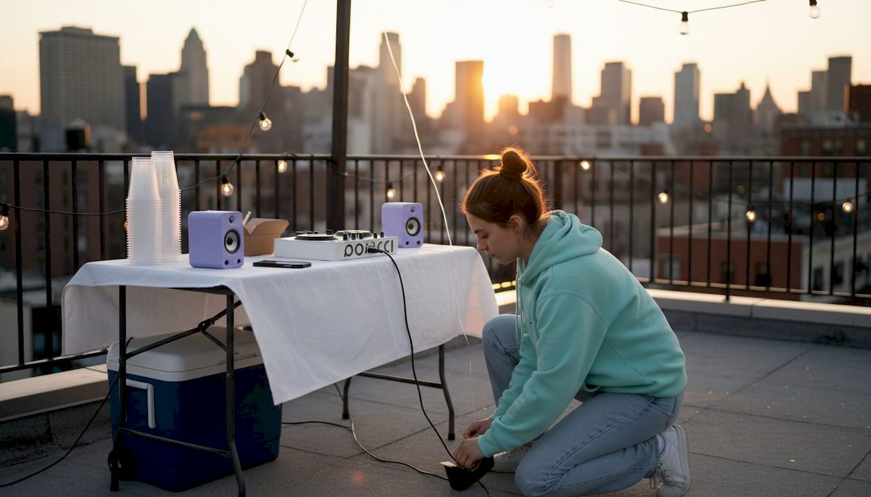 DJ setting up gear on Manhattan rooftop
