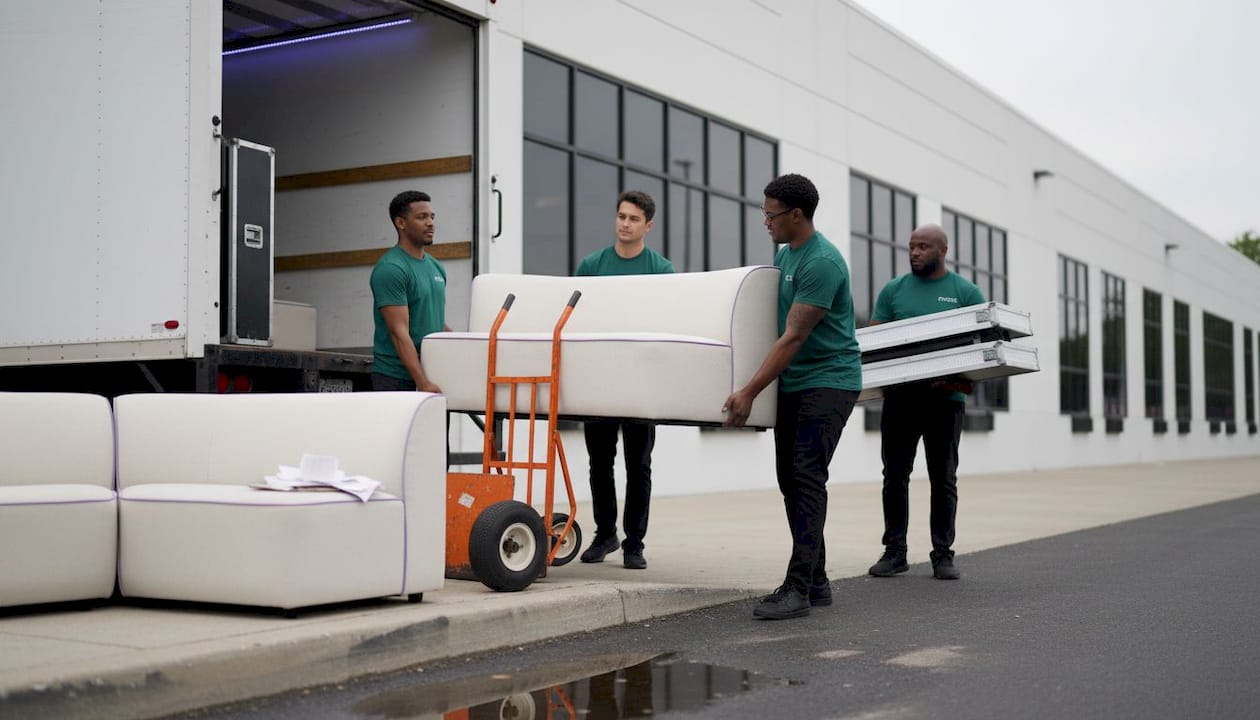 Team loads event rental furniture into truck