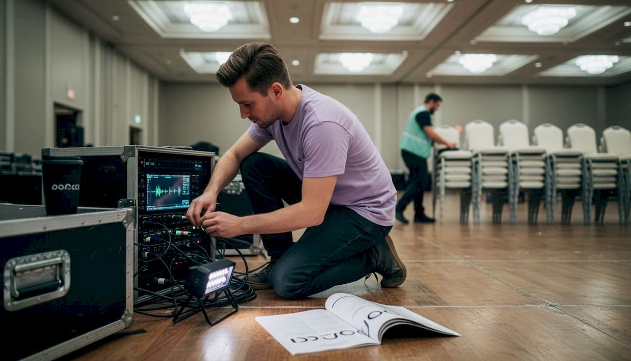 AV technician organizing stage equipment
