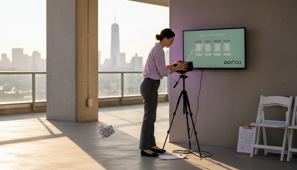 Manager adjusting AV for rooftop venue setup