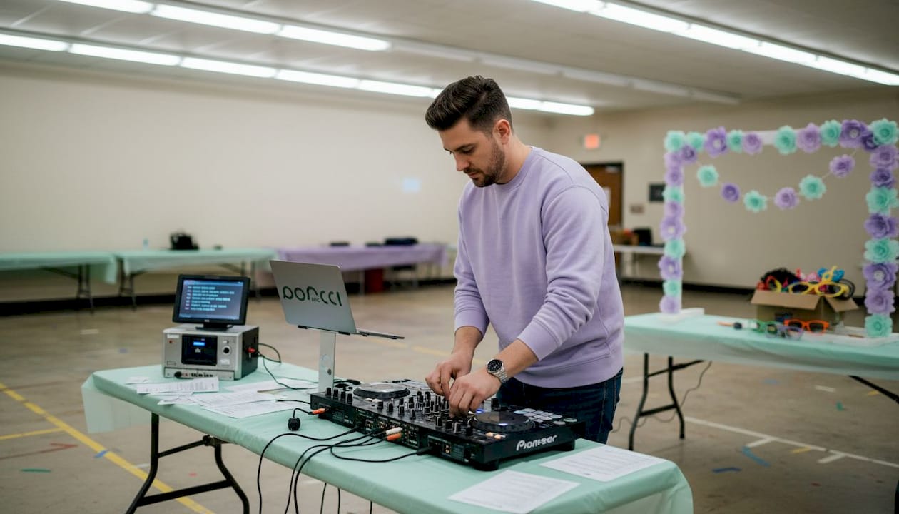 DJ adjusts controller near karaoke and photo booth