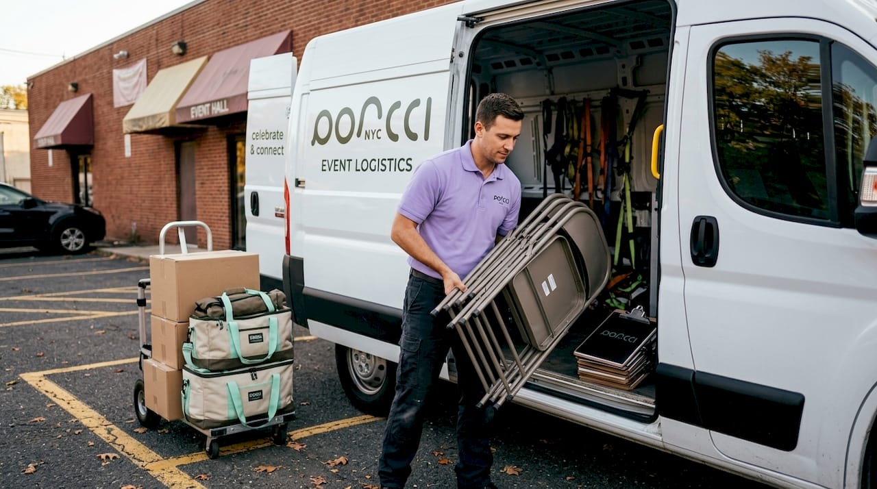 Technician unloading rentals at NJ venue