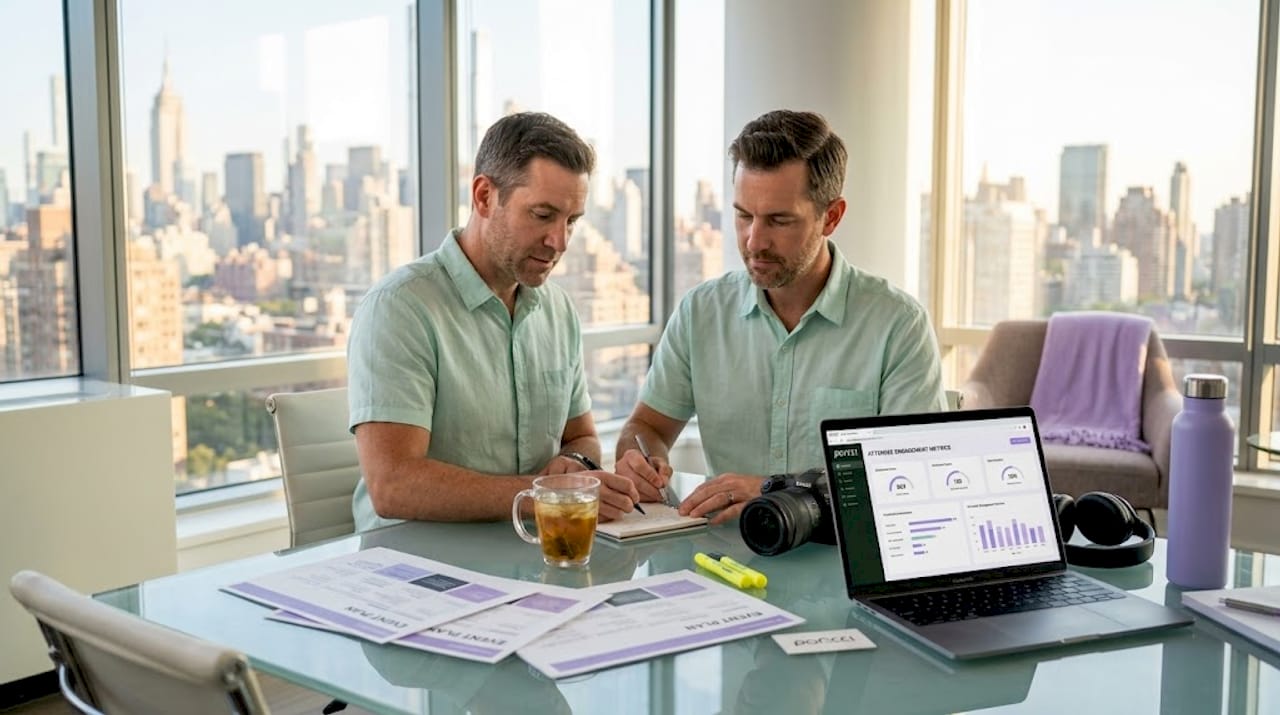 Manager reviews attendee engagement analytics on laptop