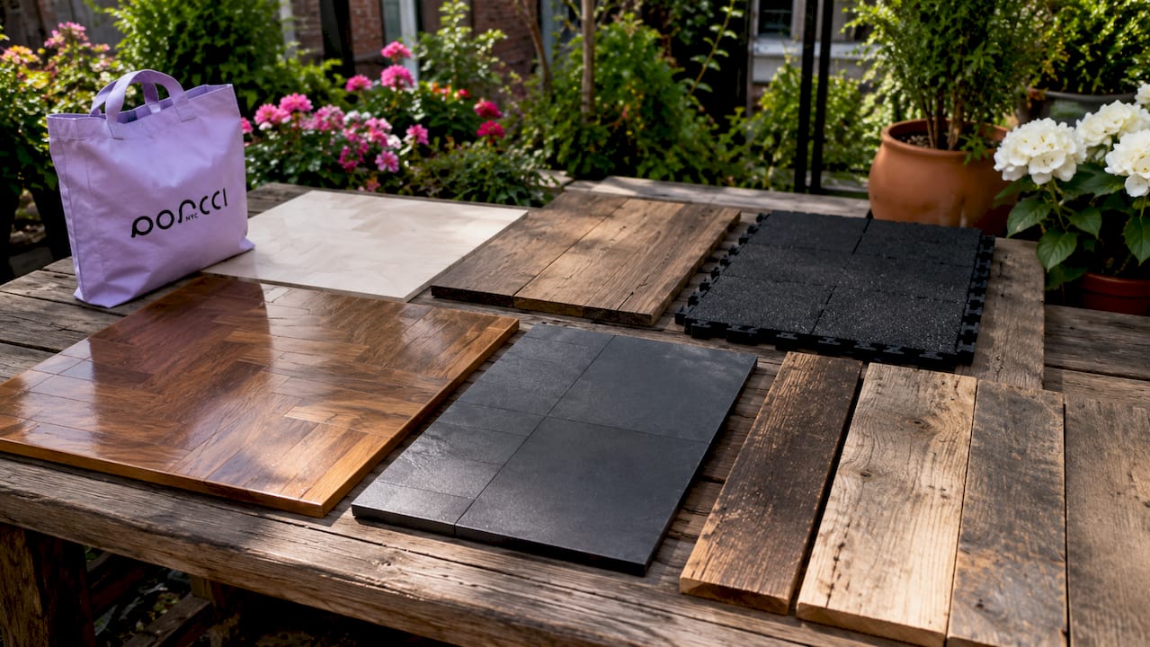 Various dance floor material samples on table