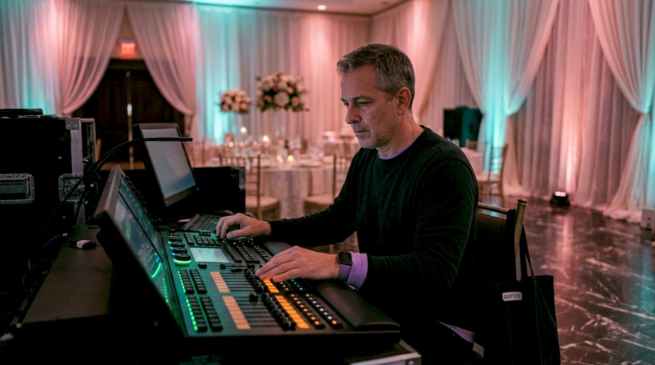Technician controlling layered event lighting
