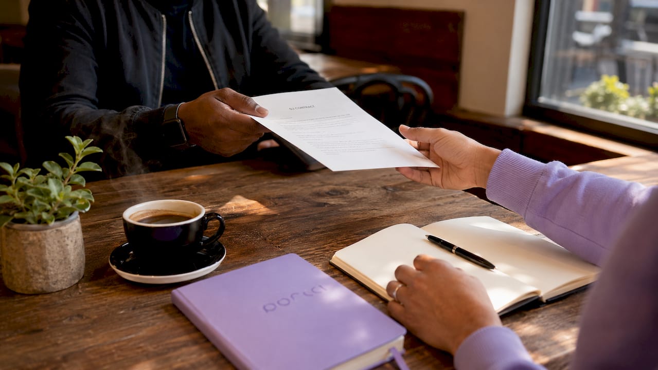Hands exchanging DJ booking contract documents
