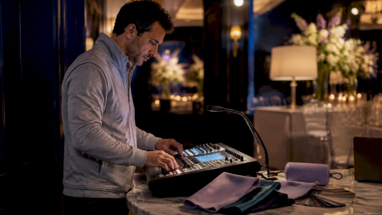 Technician adjusting event lighting controls