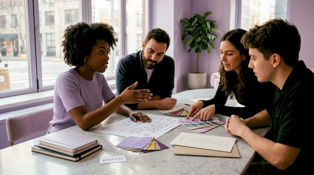Wedding vendors collaborating on event plans overhead