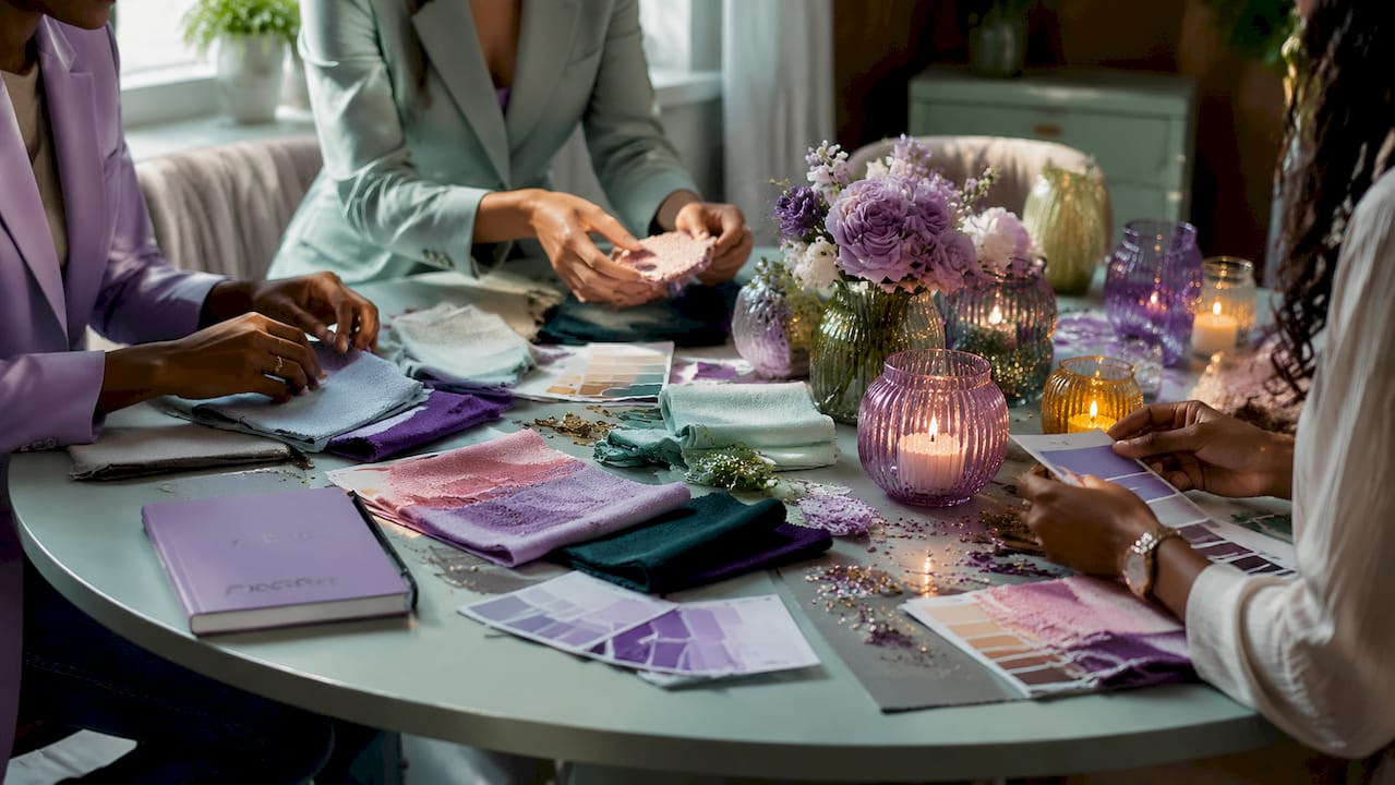 Hands arranging themed decor samples