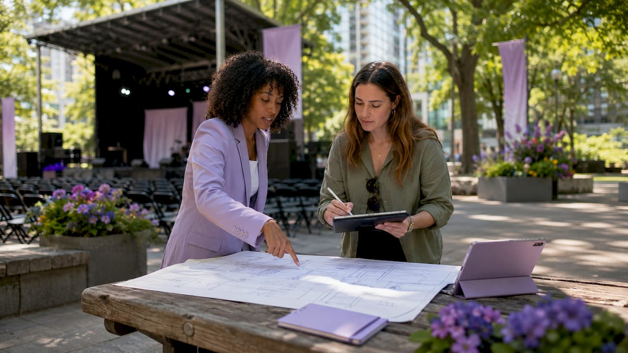 Event planners preparing outdoor stage site