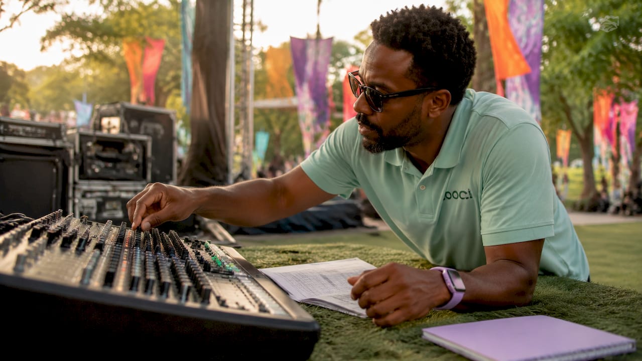 Technician adjusting audio mixing console