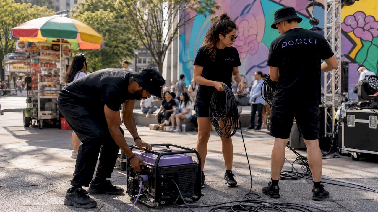 Technicians setting up outdoor event power equipment
