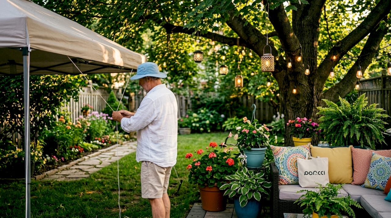 Man setting up backyard canopy and seating