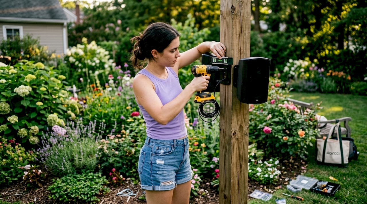 Woman installing outdoor speakers in backyard