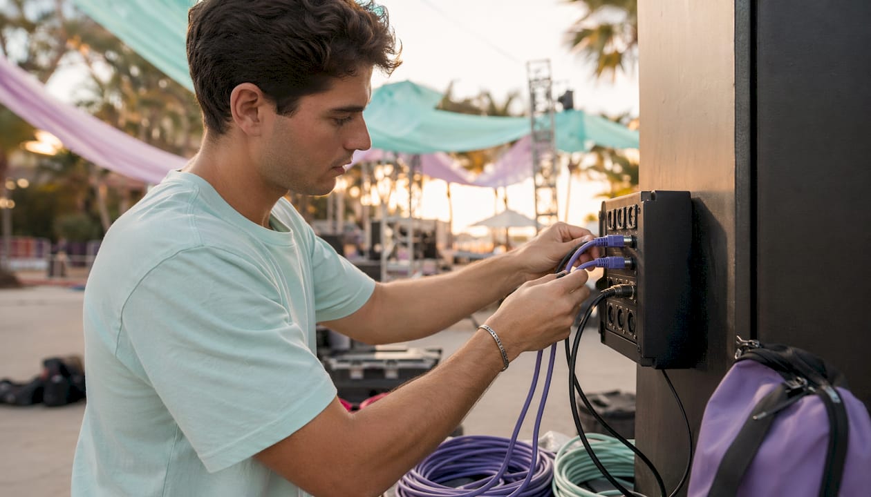 Hands connecting cables to smart lighting interface