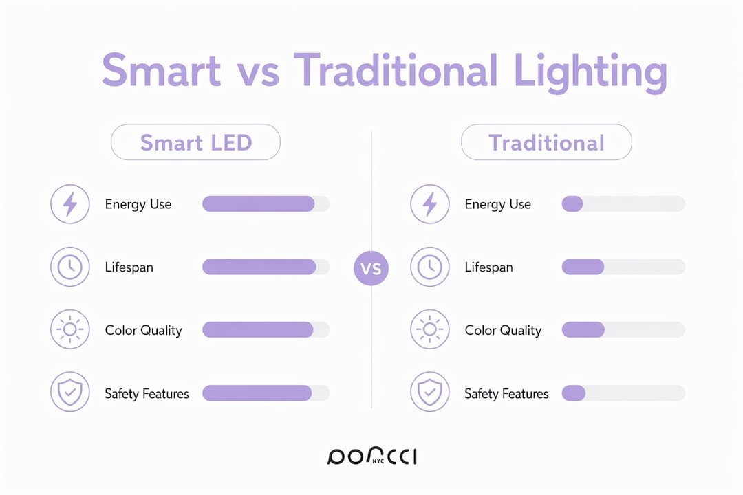 Infographic comparing smart LED and traditional lighting benefits