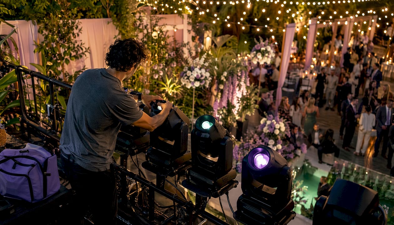 Technician adjusting wedding dance floor lighting