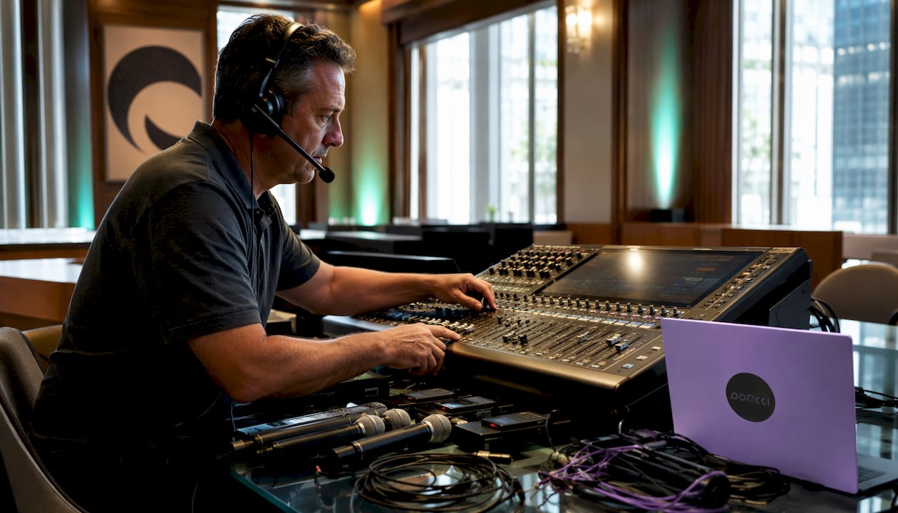 AV technician adjusting hybrid event equipment backstage