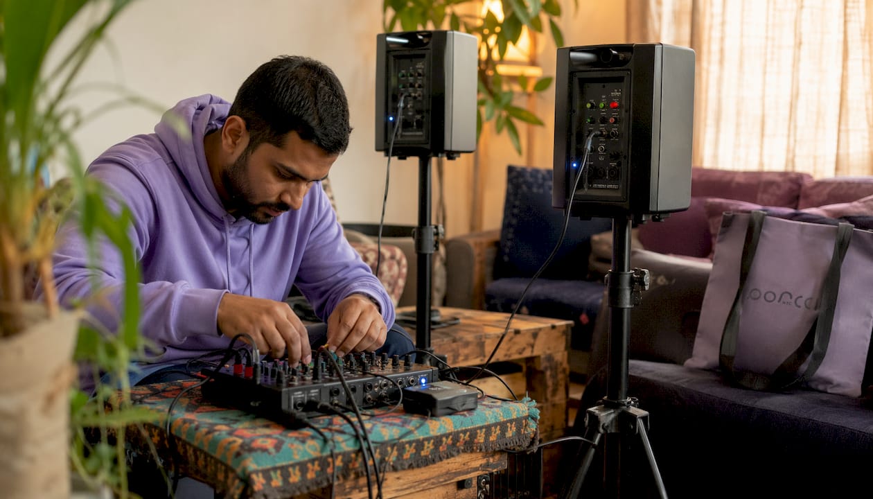 Technician connecting cables to small party sound system