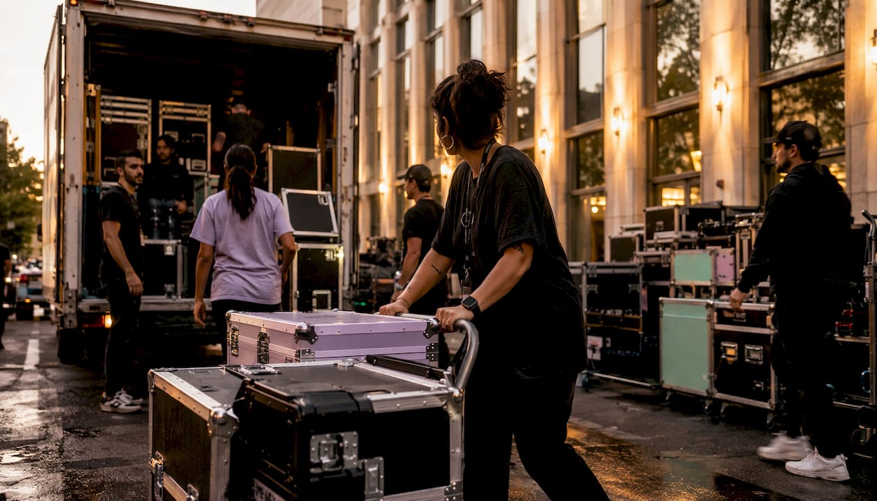 Event staff unloading equipment at loading dock