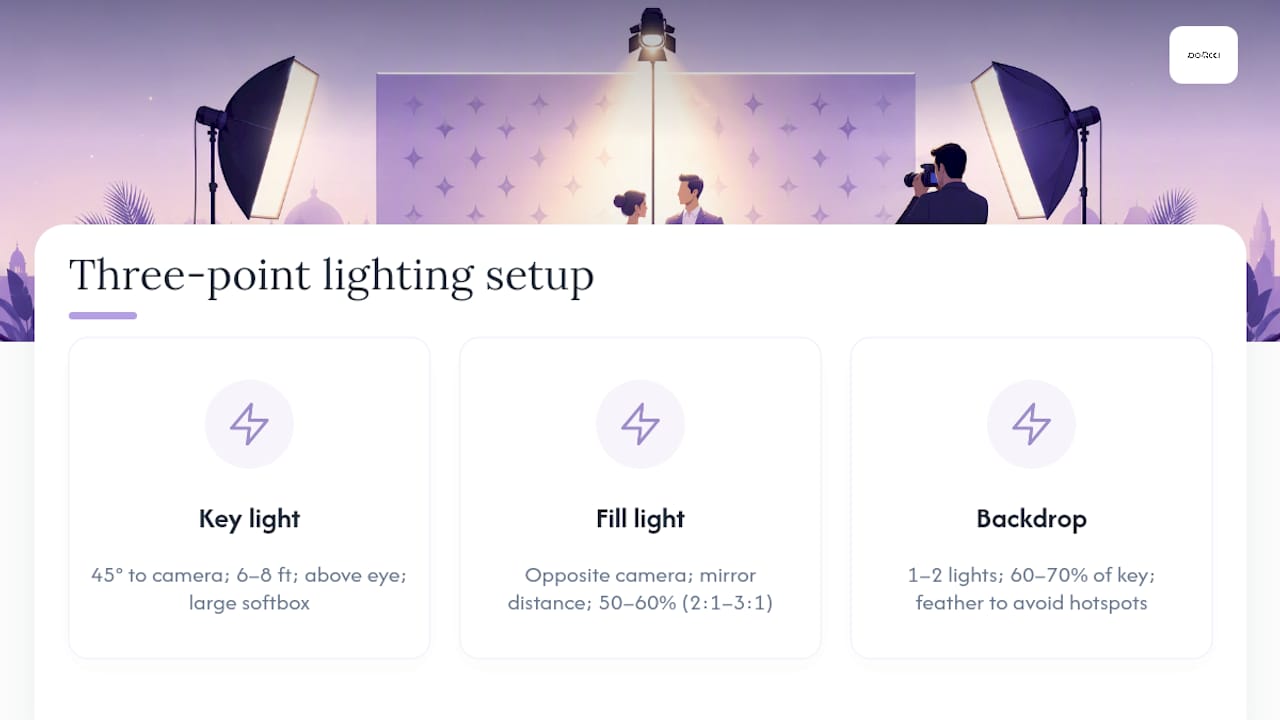 Diagram of three-point lighting setup for step-and-repeat