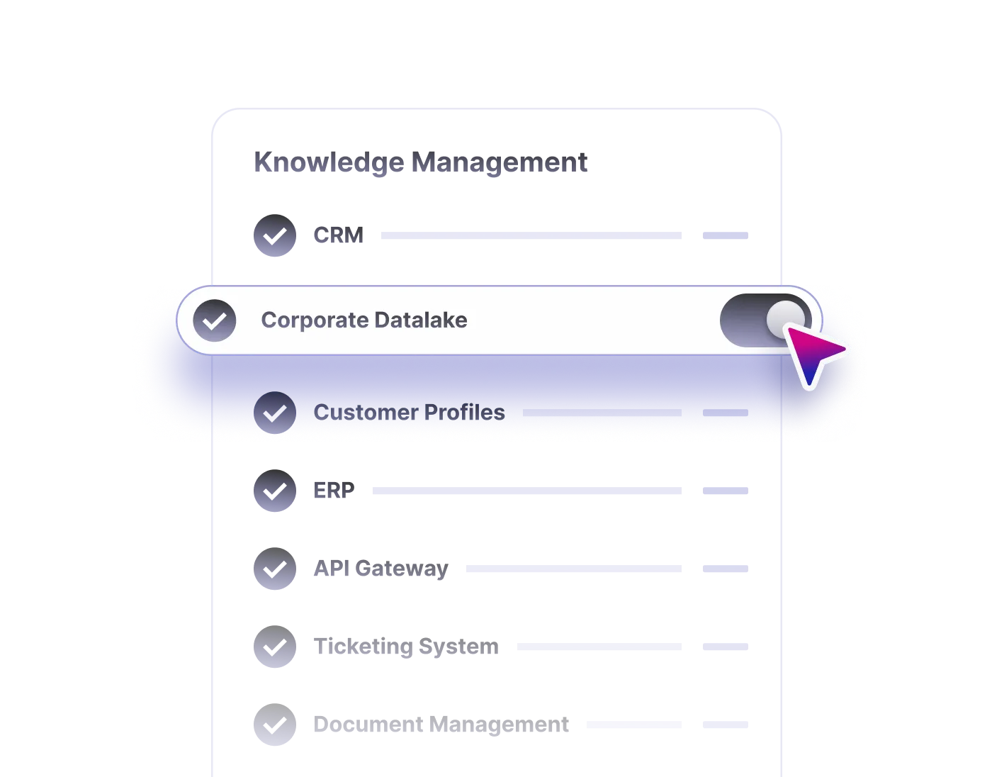 User interface showing a toggle switch being turned off next to the label Corporate Datalake in a list of knowledge management items.