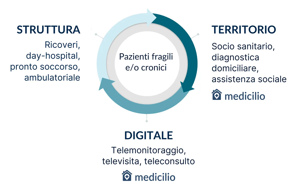 Circular diagram illustrating care sectors for fragile or chronic patients: Struttura with hospital and outpatient care, Territorio with home health and social services, and Digitale with telemonitoring and teleconsultations.