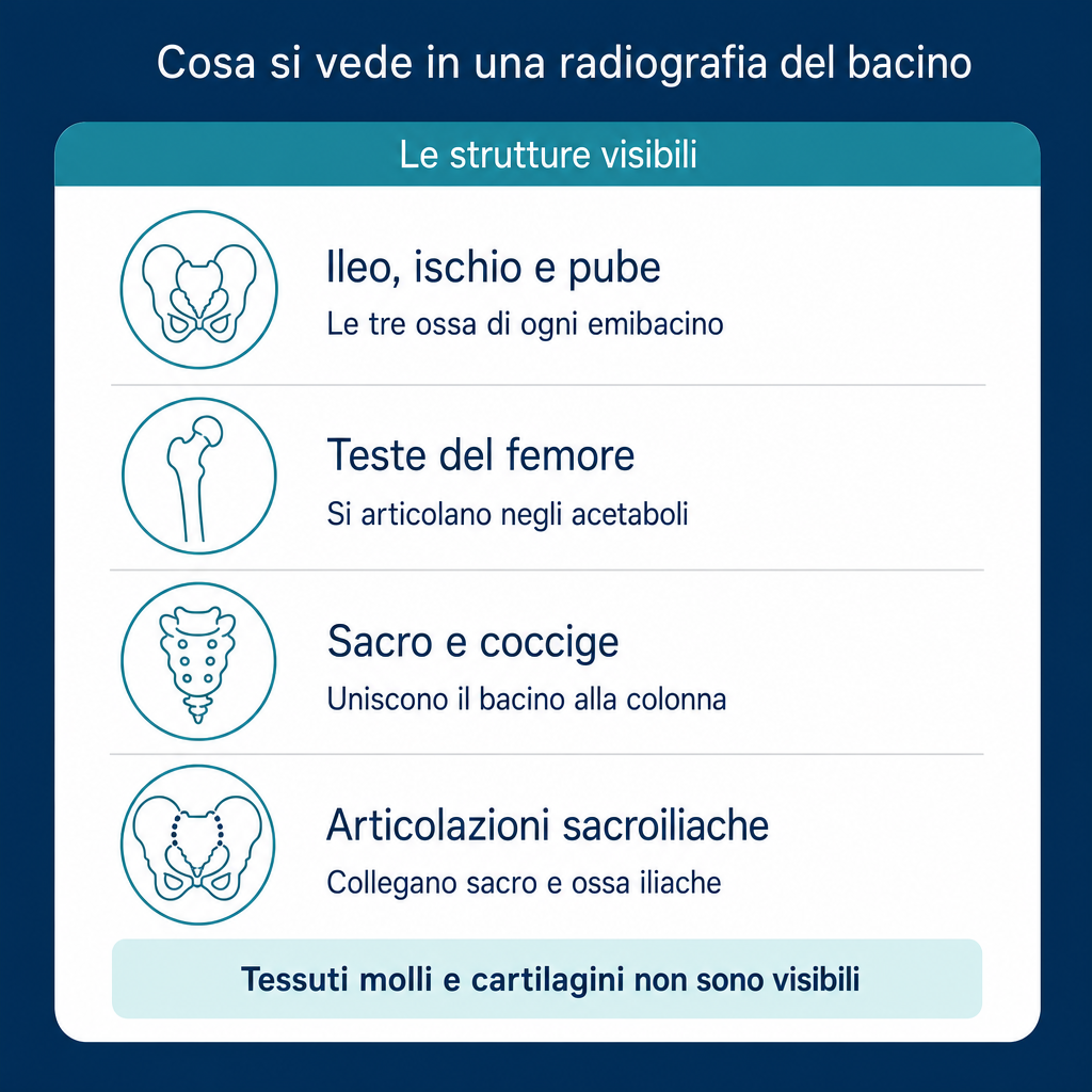 Infografica Medicilio: ossa visibili nella radiografia del bacino, ileo, ischio, pube, femore, sacro.