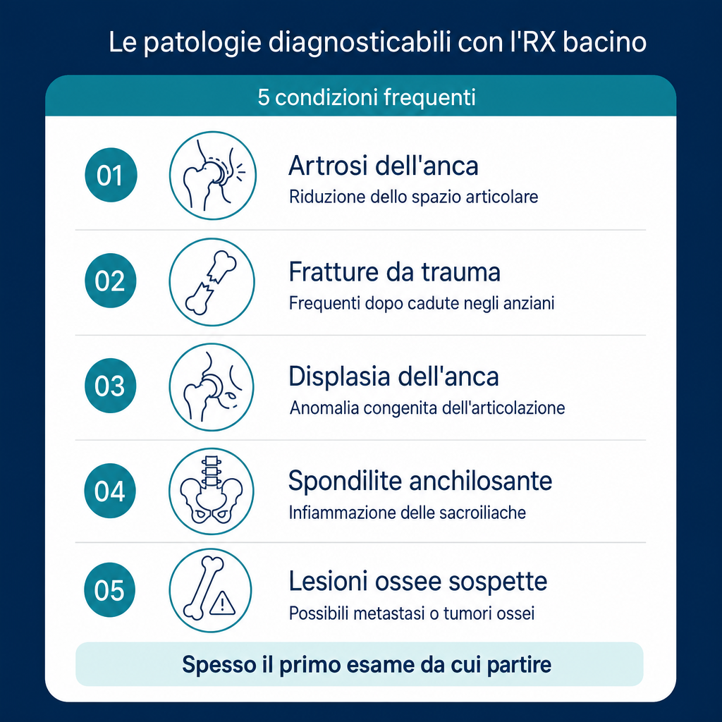 Infografica Medicilio: 5 patologie diagnosticabili con RX bacino, artrosi, fratture, displasia, spondilite, lesioni ossee.