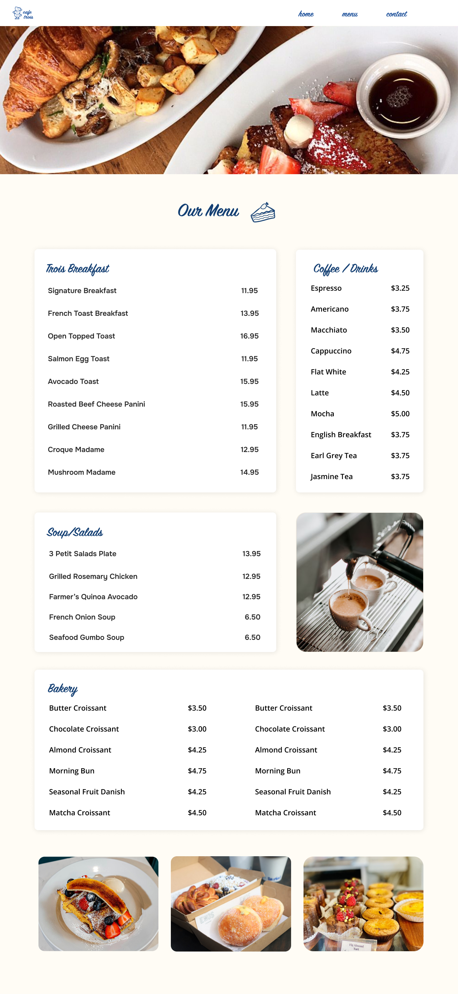 Cafe website menu design