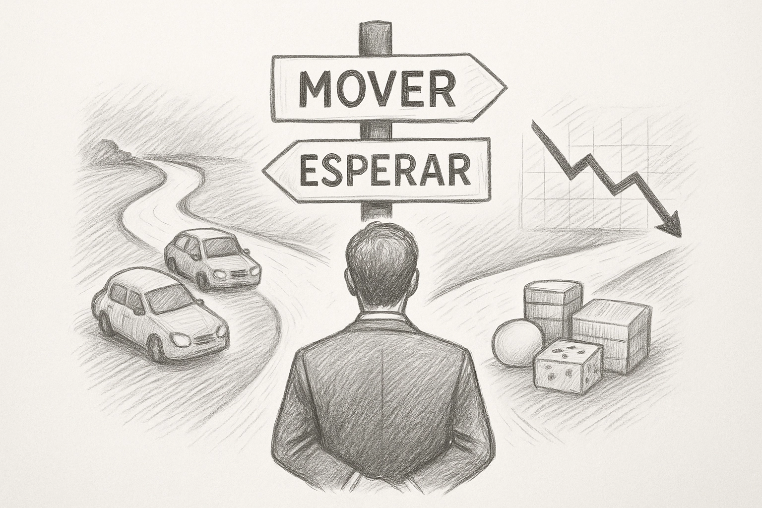 Persona mirando dos caminos con un letrero que dice “Mover” o "Esperar"
