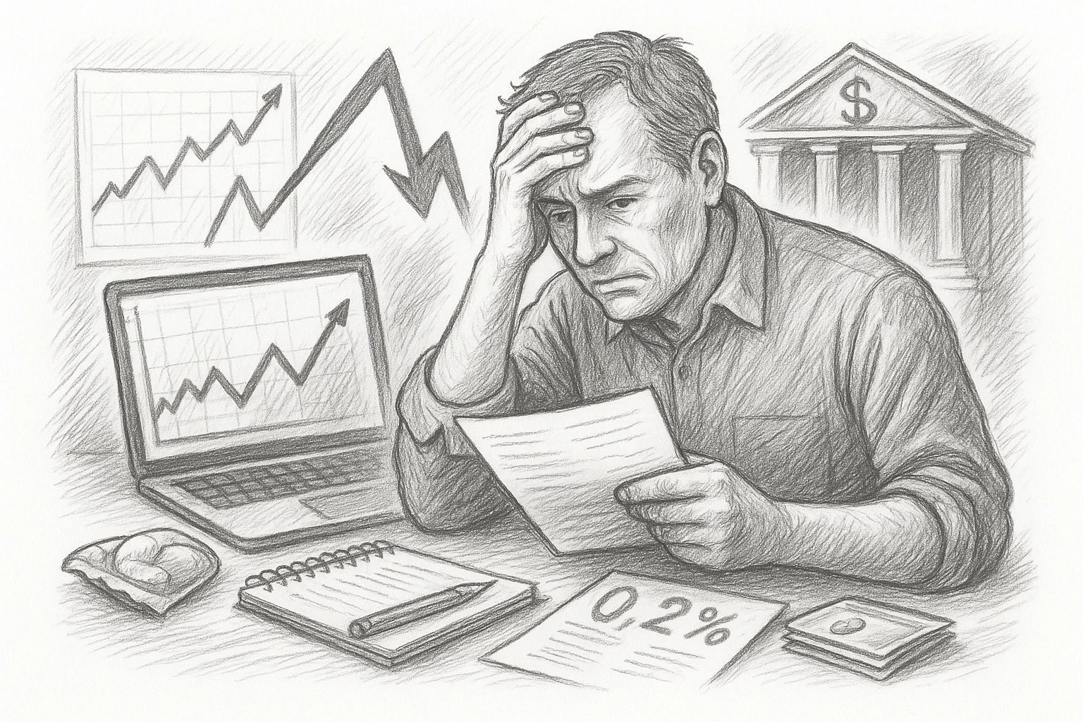 Persona revisando sus finanzas en un entorno incierto, con gráficos de inversión