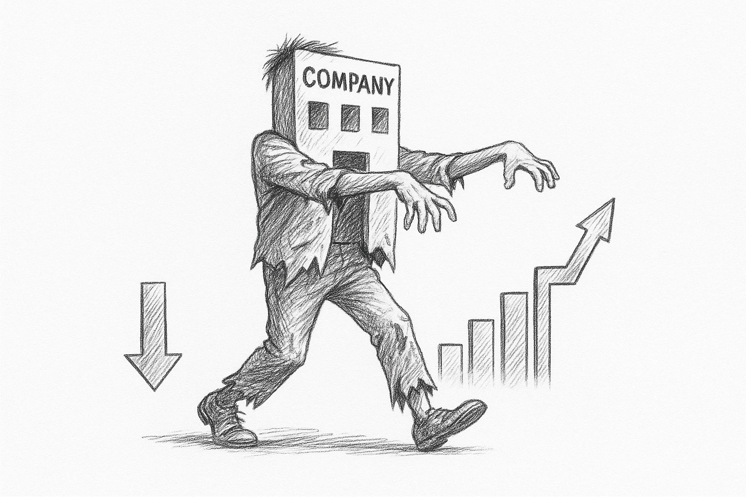 Imagen de una empresa marchando con apariencia de zombie