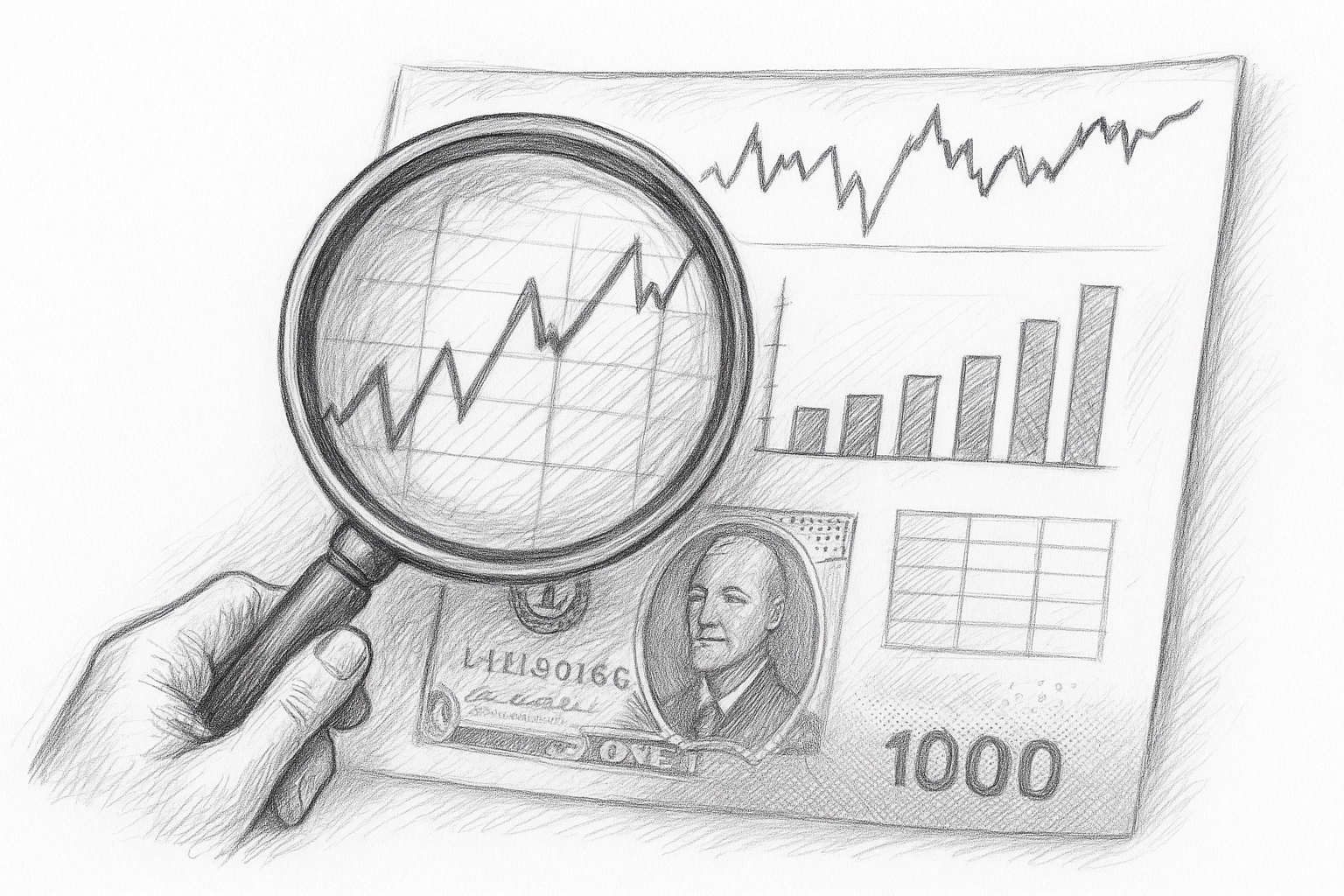 Imagen de una lupa enfocada sobre gráficos financieros