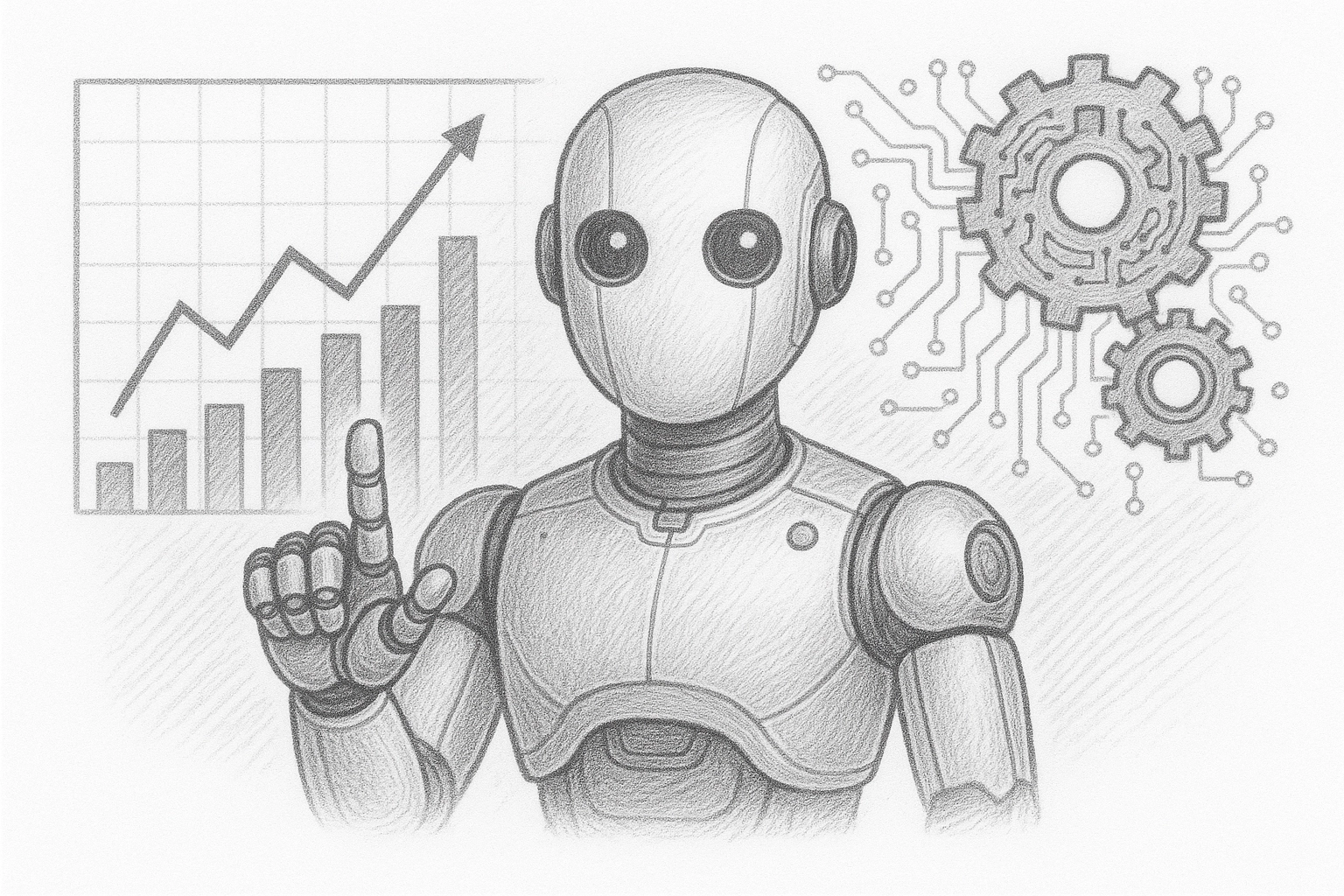 Ilustración de un asesor virtual con gráficos financieros y engranajes digitales