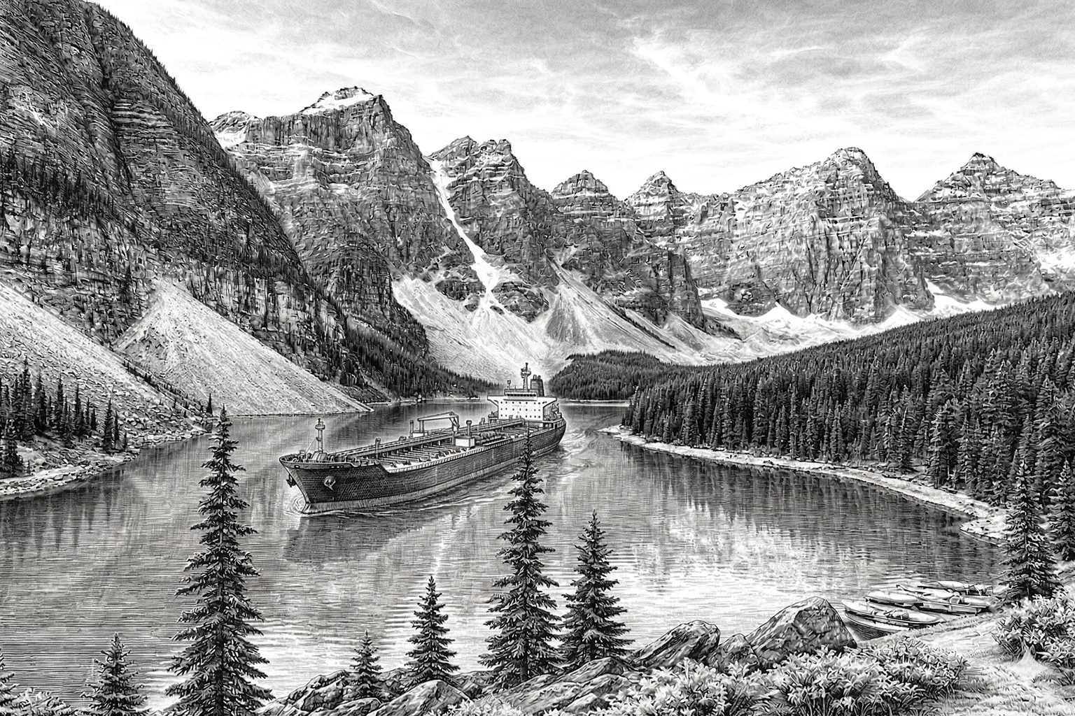 Lago con buque petrolero