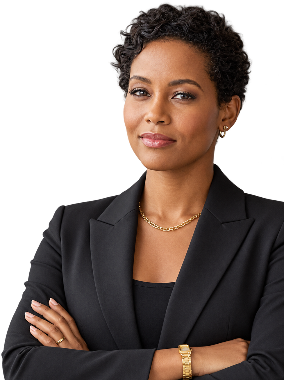 Financial advisor standing with arms crossed