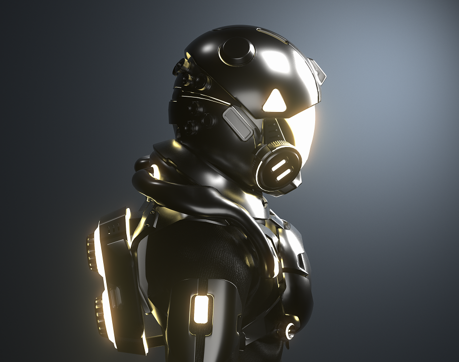 Side view of a futuristic black armored robot with illuminated helmet and backpack against a dark background.