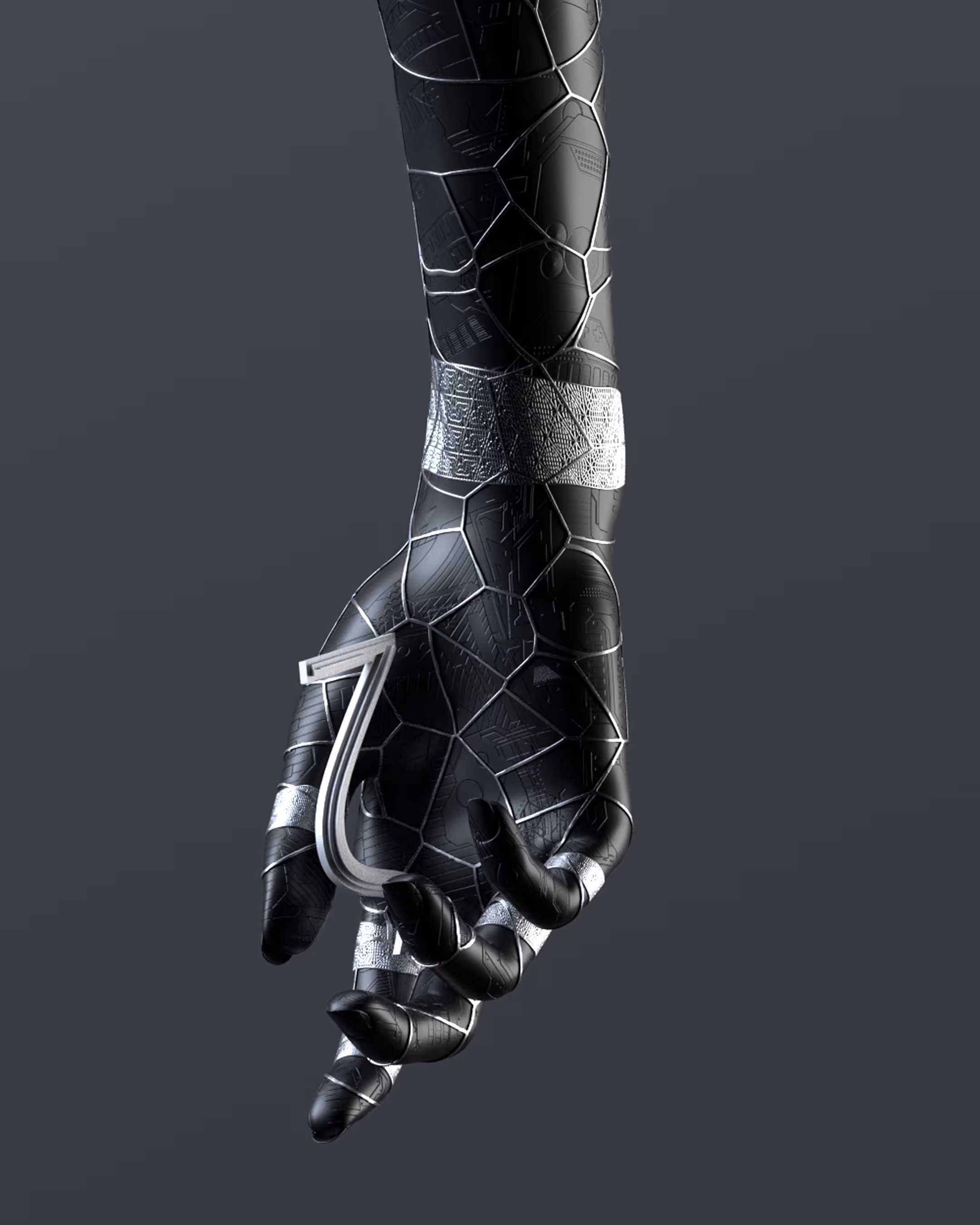 Black stylized hand with silver accents holding a metallic, curved number seven against gray background.