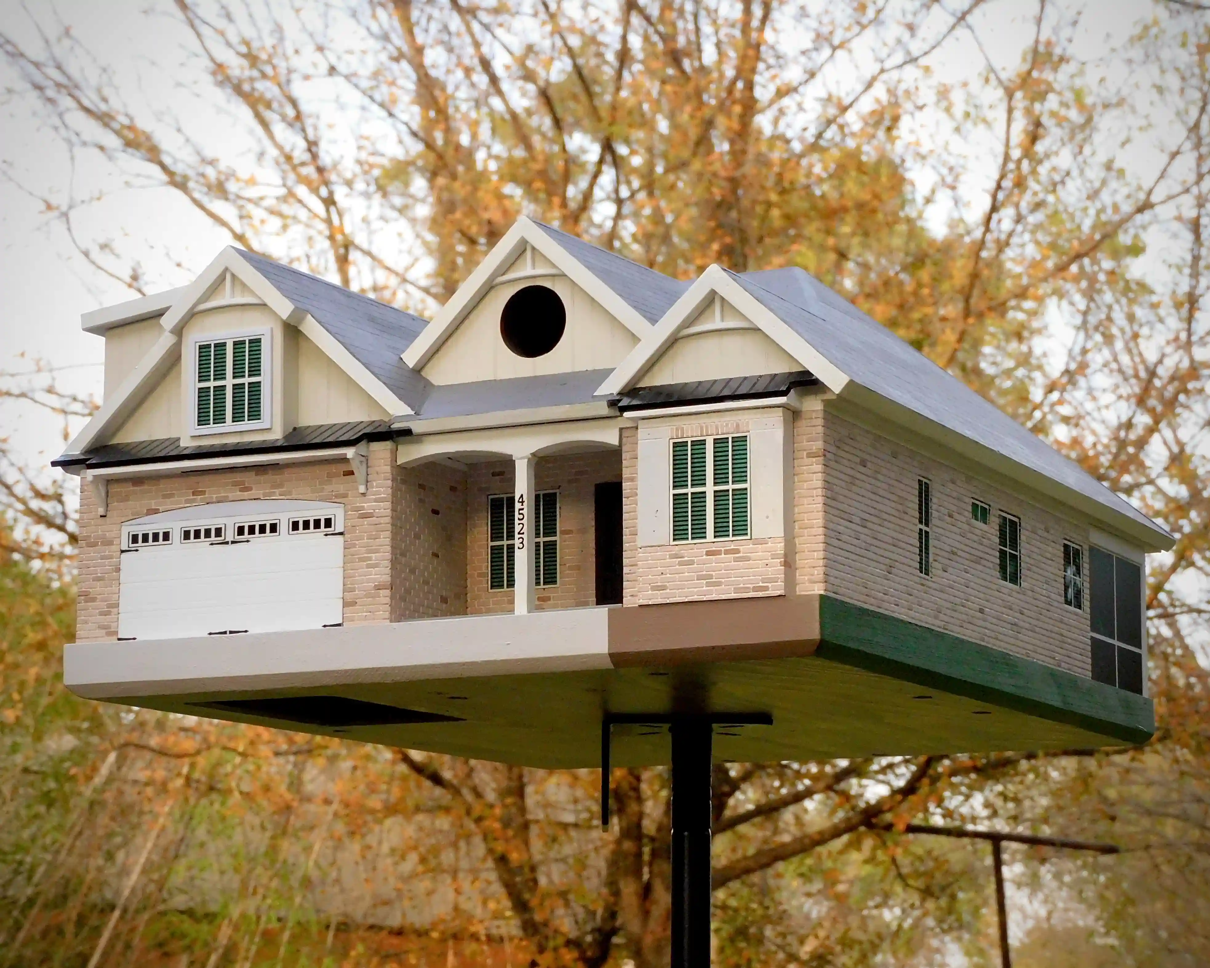 Custom Replica birdhouse with  brick detail and inset realistic windows with shutters