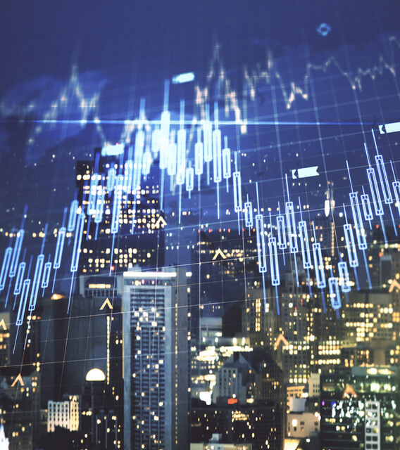 City skyline overlaid with digital financial graphs and bar charts, symbolizing FinTech innovation, data analytics, and financial market growth.
