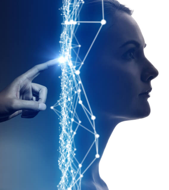 Artificial intelligence concept showing human face with digital network and data annotation visualization