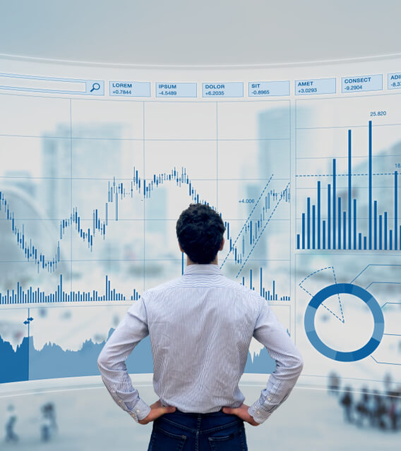 Professional analyzing interactive digital dashboard displaying charts and graphs, representing data management and information analytics.