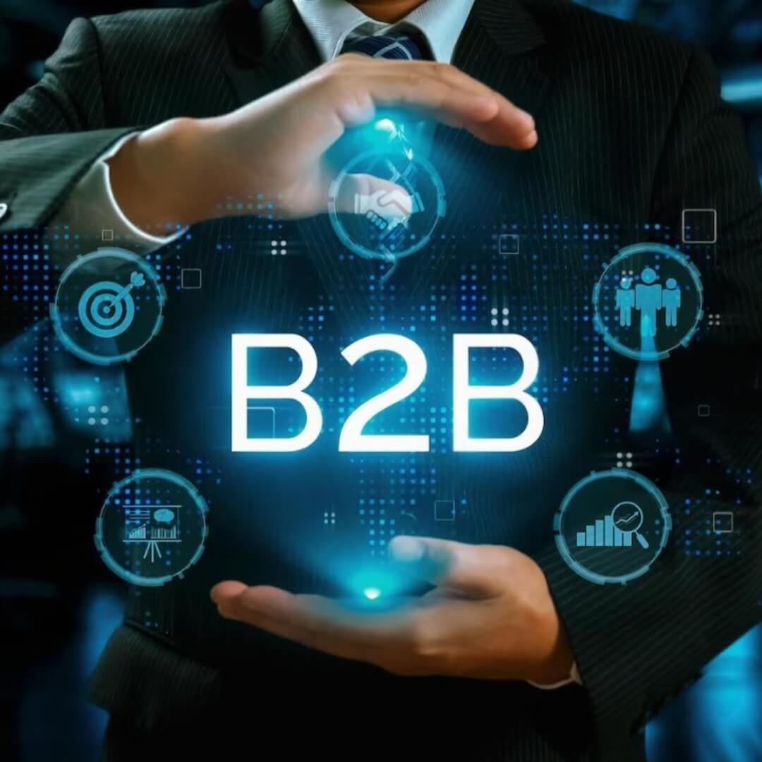 Business professional touching a virtual B2B icon surrounded by finance, handshake, and analytics symbols representing B2B desk research services.