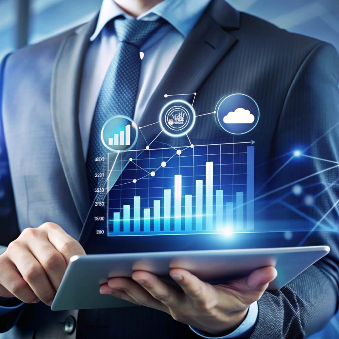 Business professional using a tablet with digital analytics and cloud data icons, representing data processing and management services.