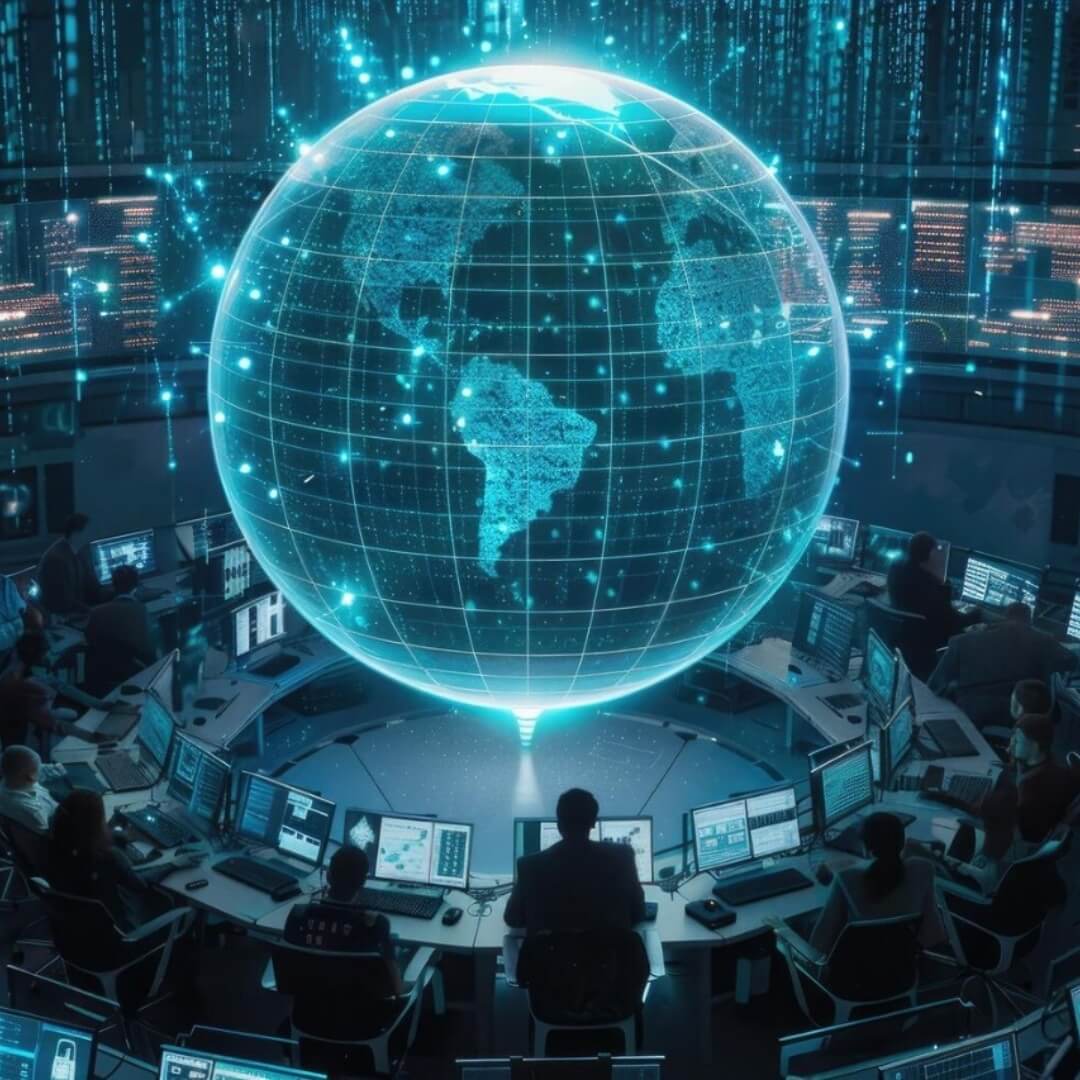Digital globe hologram surrounded by professionals at computer workstations, symbolizing global capability centers and interconnected business operations.