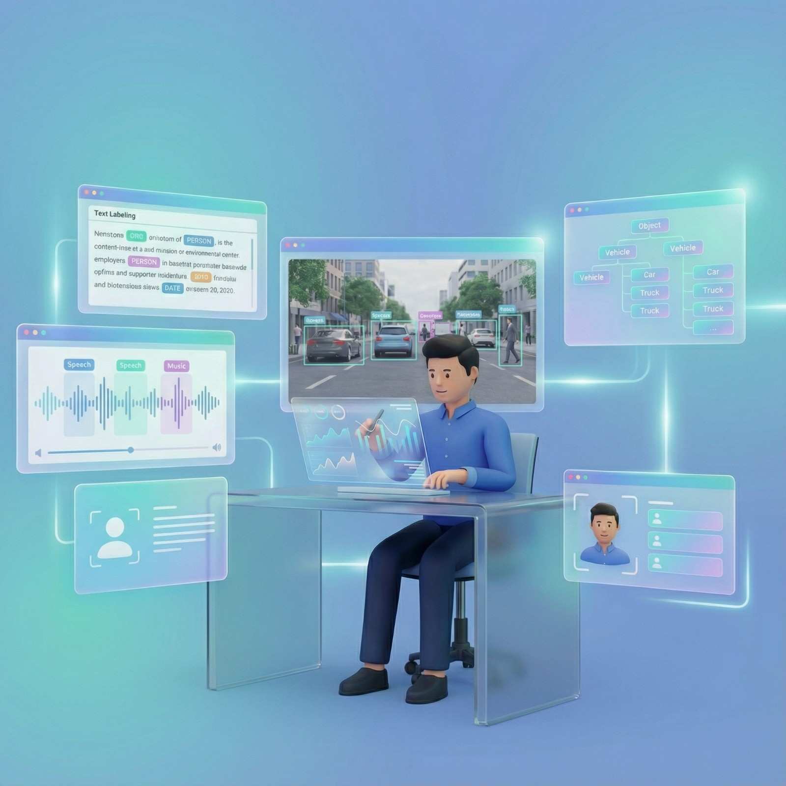 Professional analyzing data charts on a computer screen with digital graphs and statistics, representing AI-driven data annotation services.