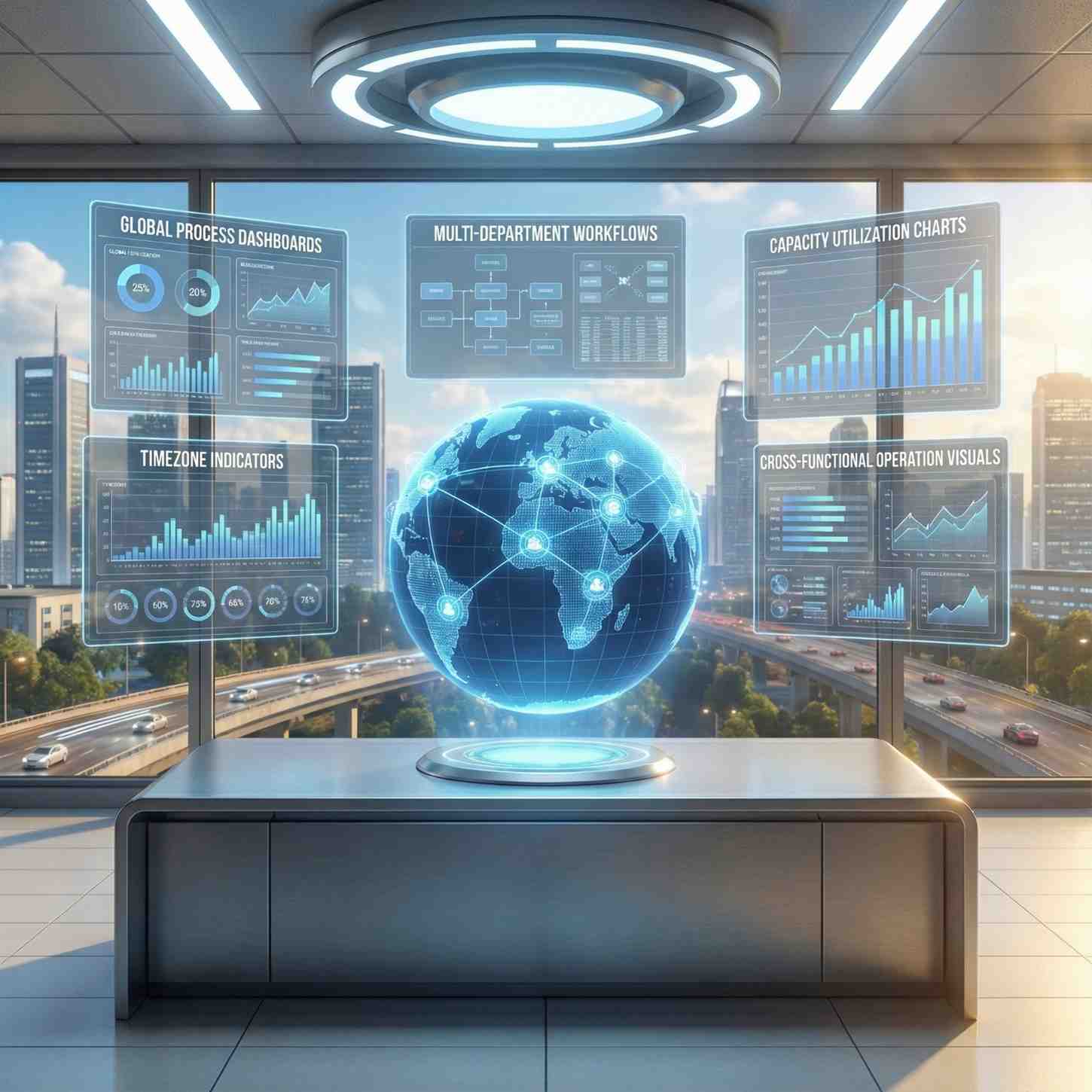 Digital globe hologram surrounded by professionals at computer workstations, symbolizing global capability centers and interconnected business operations.